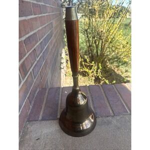 Antique Brass Hand Held School Bell w/Wooden Handle 14" Tall - Made In India